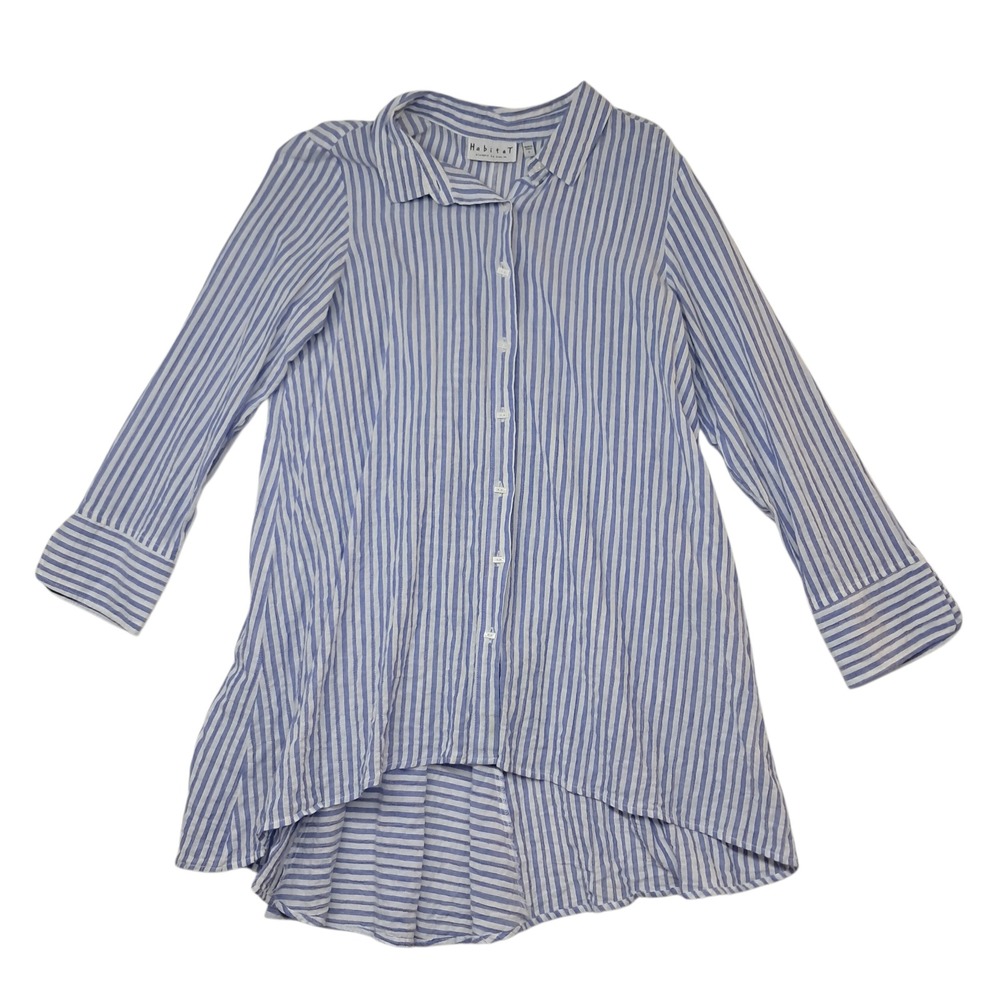 Habitat‎ Top Women's Small Blue White Striped Button Up Asymmetrical Lagenlook